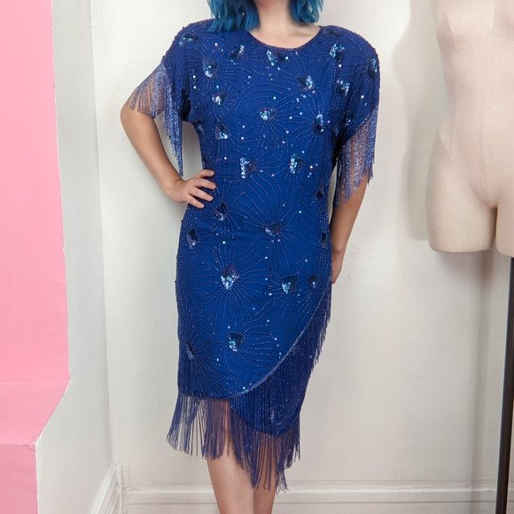 Vintage 80s Blue Sequin & Beaded Fringe Party Dress - Picture 6 of 10